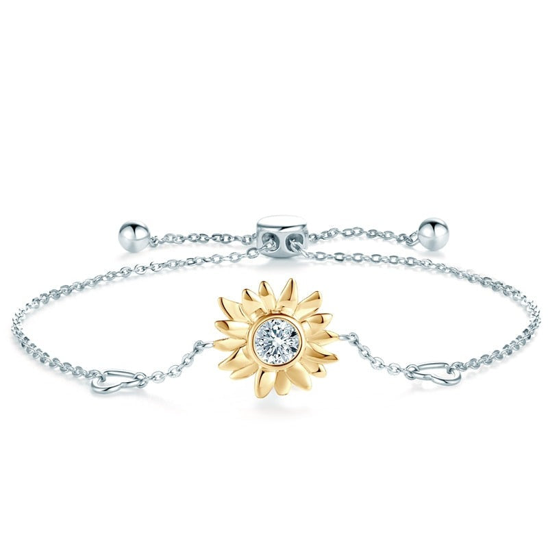 Bracelete Girassol com moissanite e prata folheada a ouro branco 14k.