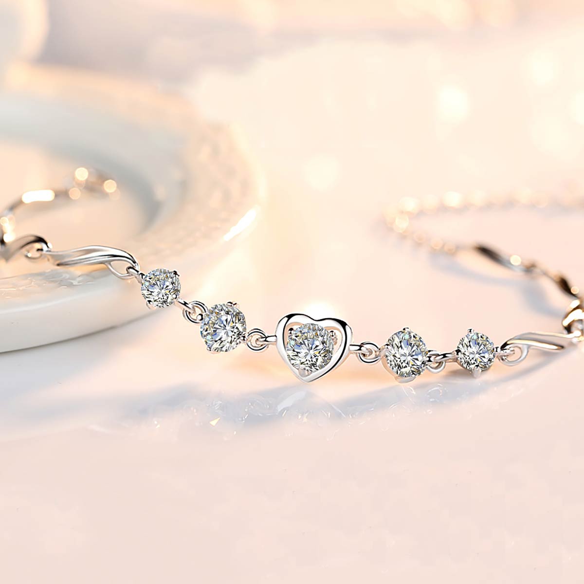 Unique Passion Bracelet with Moissanites and 18k White Gold Plated Silver