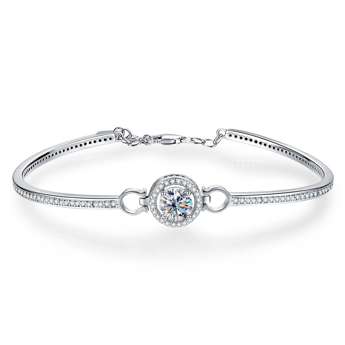 Bracelete Coroa com Moissanites e Prata Folheada a Ouro Branco 18k, brilho excepcional e elegância.
