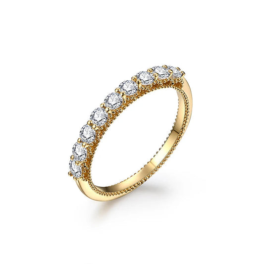 18k gold plated meia-aliança ring with moissanite stones, classic style.