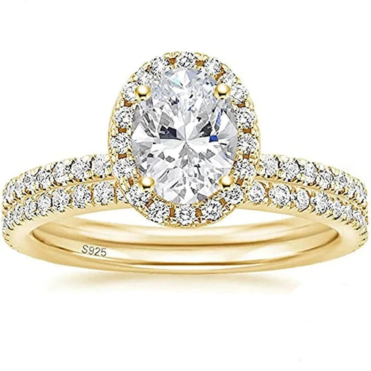 Anel de noivado duplo com moissanite em prata 925 banhada a ouro 18k.