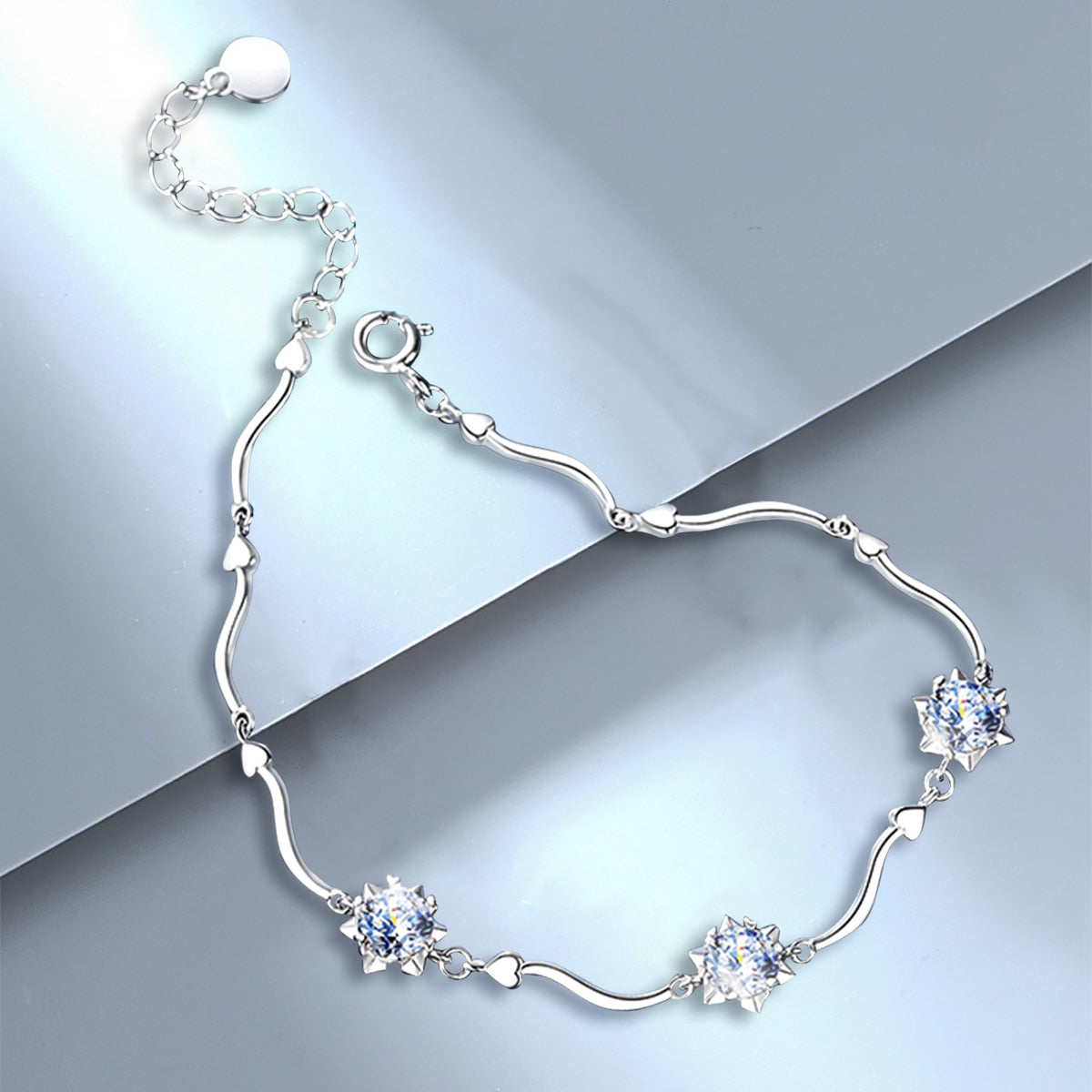 Flower of Love Bracelet with Moissanites and 14k White Gold Plated Silver