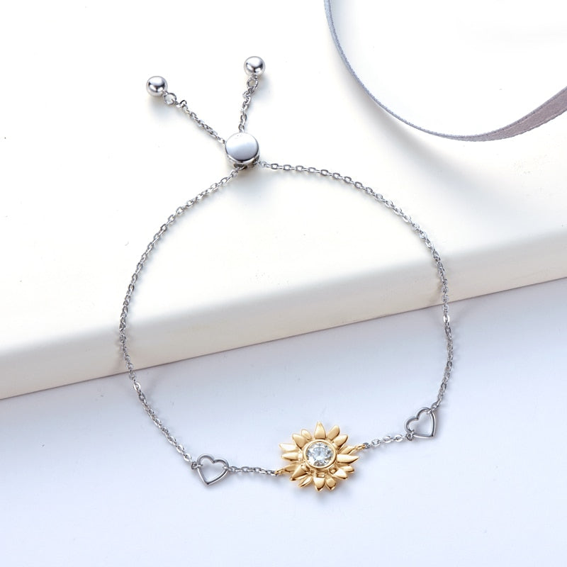 Sunflower Bracelet Moissanite and Silver Plated in 14k White Gold